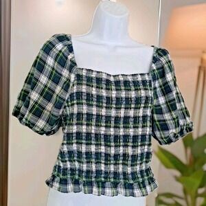 American Eagle Crop Top L Green Plaid Puff Sleeve Smocked Ruffled Hem Square Nec